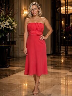 David’s Bridal Coral Strapless Chiffon Midi Dress Size 12